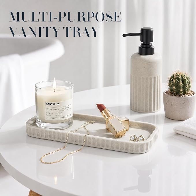 INIUNIK Bathroom Accessory Set, 6 Pieces, Beige | Resin, Bathroom Accessories Set, with Soap Dispenser Set, Toothbrush Holders, Tumbler, Vanity Tray & 2 Qtip Holder