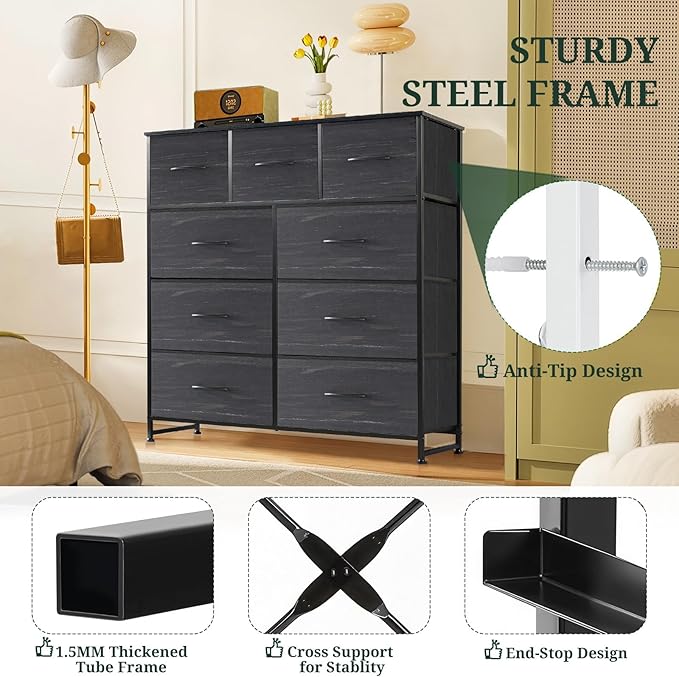 9-Drawer Dresser for Bedroom, Anti-Tip Tall Storage Organizer Chest of Drawers with Wooden Top and Metal Frame Fabric Bins for Closet, Living Room, Hallway, Entryway, Charcoal Black