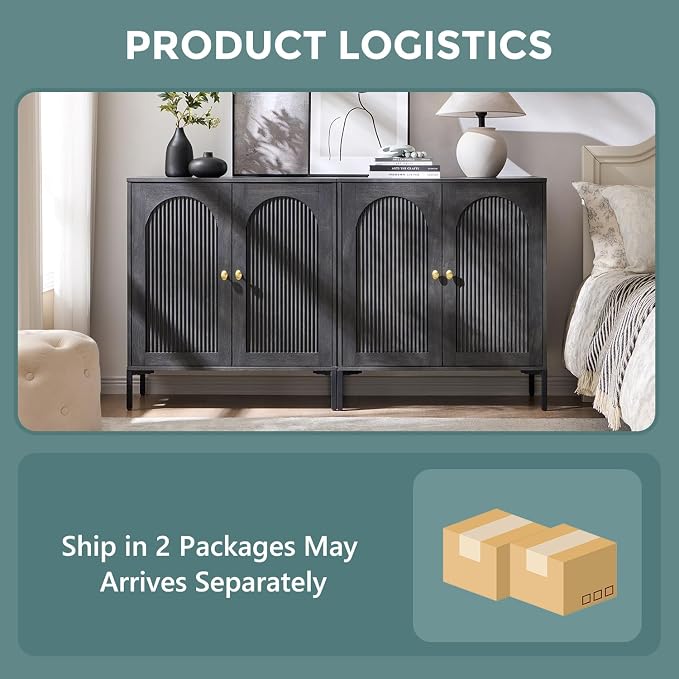 IFGET 61.75" W Modern Arch Sideboard Buffet Cabinet with Storage, Dark Grey | Fluted Arched Sideboard Cabinet w/Adjustable Shelves, Wood Modular Kitchen Cabinet for Dining& Living Room, Entryway