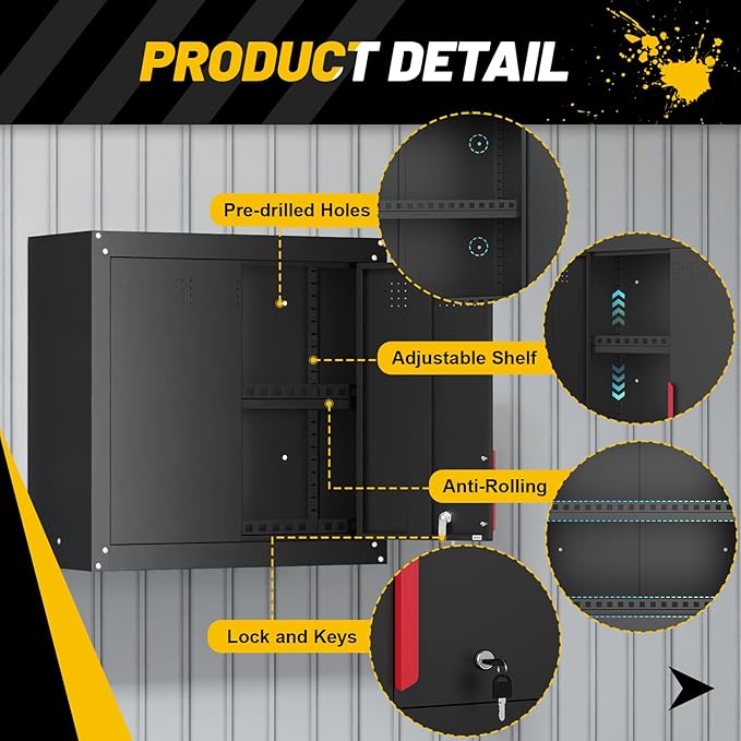 Eltean 30" Garage Wall Cabinet, Metal Wall Cabinet with Lock & Adjustable Shelf,Heavy-Duty Black Garage Storage Cabinet,Ventilated Metal Wall Cabinets for Workshop & Tools