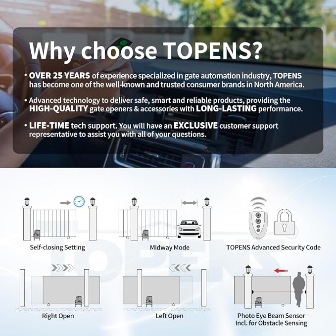 TOPENS CF800 Fast Sliding Gate Opener Chain Drive Automatic Gate Motor for Heavy Driveway Slide Gate Up to 1800 Pounds, Electric Gate Operator AC Powered with 20ft Roller Chain and Remote Control