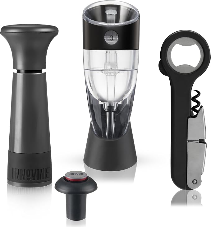 Innovine Red Wine Pro 4-Piece Wine Tool Gift Set – Adjustable Wine Aerator with Stand, Double-Hinged Corkscrew & Vacuum Wine Saver with Stopper – Complete Red Wine Opening, Aeration & Preservation Kit