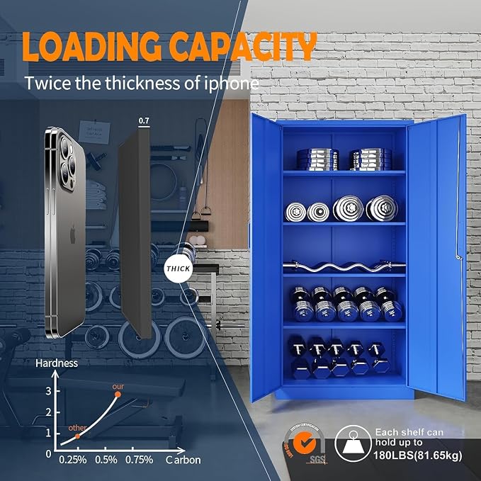 Metal Garage Storage Cabinet with 2 Doors and 5 Adjustable Shelves - 71" Steel Lockable File Cabinet,Locking Tool Cabinets for Office,Home,Garage,Gym,School (Blue)