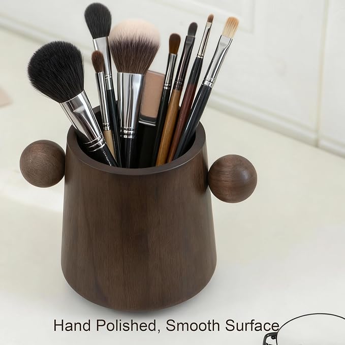 Walnut Wooden Makeup Brush Holder, Rotating Pencil Holder for Desk