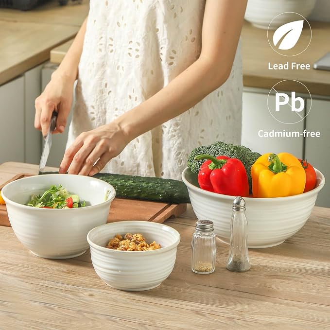 HASENSE Ceramic Mixing Bowls Set, 2.1/1.0/0.5 Qt, Handmade Salad Serving Bowls for Kitchen, Deep Nesting Dishes for Storage and Baking, Microwave Dishwasher Safe, Clay-Infused White