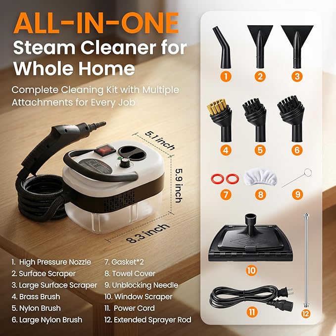 2500W Handheld Steam Cleaner for Home, 6-Level High Pressure Steam Gun, Steam Machine w/40.6oz Tank, Portable Car Steamer for Auto Detailing & Cleaning, Car, Floor, Furniture, Tile Grout, Wall