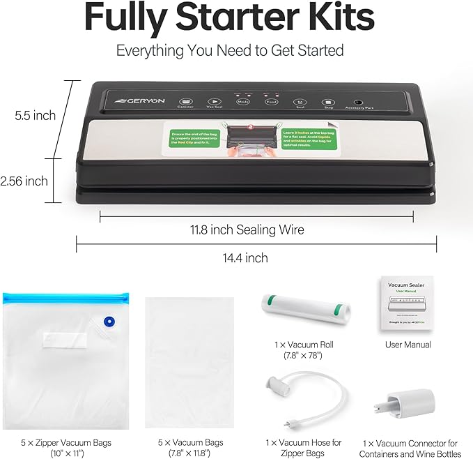 GERYON Food Vacuum Sealer Machine for Dry & Moist Food, Compact Design | Includes reusable vacuum bags and a roll for sous vide, meal prep and freezer storage, with easy LED touch controls.