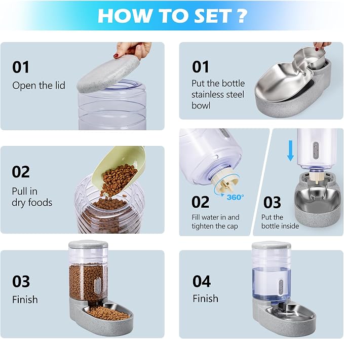 Automatic Cat Feeder and Water Dispenser with Stainless Steel Bowl Gravity Food Feeder and Waterer Set for Small Medium Dog Puppy Kitten 1 Gallon x 2(Grey)