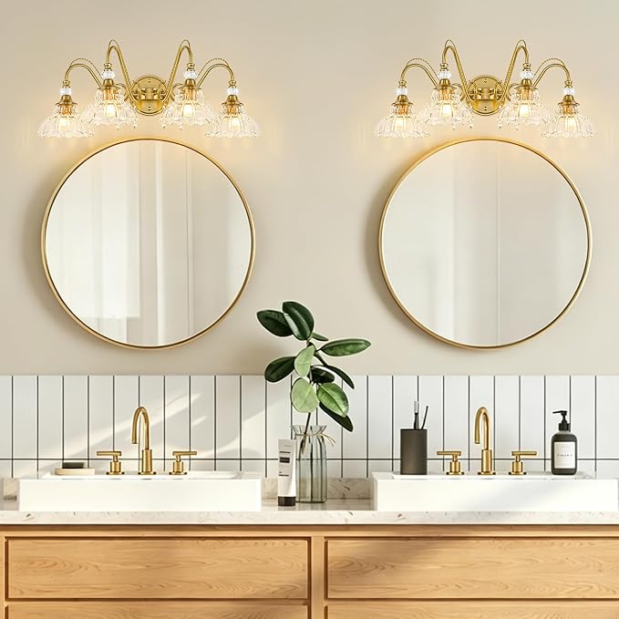Vintage Bathroom Vanity Light, 4-Light Brushed Gold Finish Wall Sconce with Hanging Crystal Accents and Flower-Shaped Clear Glass Shades, Retro Wall Mount Vanity Light Over Mirror for Bathroom