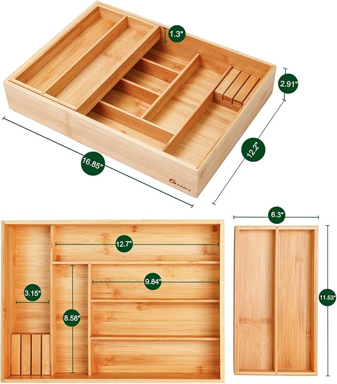 COIWAI Double Layer Bamboo Drawer Organizer Cutlery Utensil Silverware Drawer Organizer, cutlery Silverware Tray for Drawer, Utensil Holder Drawer Dividers for Flatware (L: 16.85 × 12.2 in)