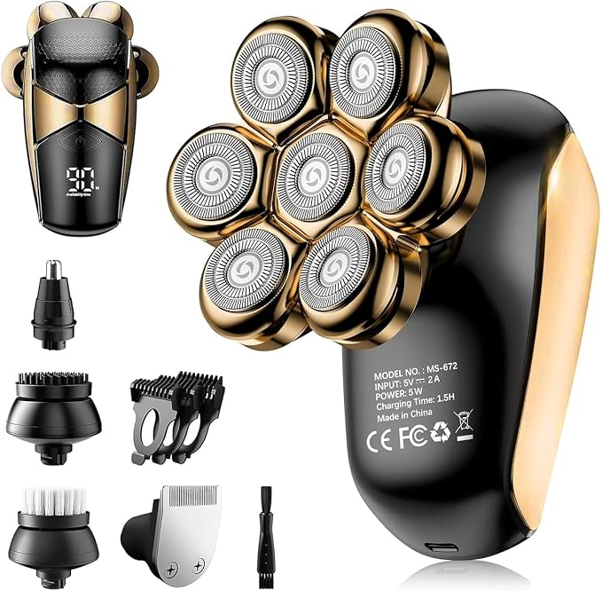 SHPAVVER Head Shavers for Bald Men: 5-in-1 Upgraded Electric Razor - IPX7 Waterproof Shaving Grooming Kit for Balder - Turbo Speed & Precision Blades (Ink Gold)