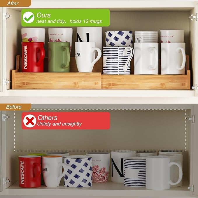 Hongtamoya 2-Tier Expandable Bamboo Coffee Mug Holder, Mug Organizer for Kitchen Cabinets, Mug Cup Rack, Multi-Functional Cup Holder Shelf, Coffee Bar Organizer, Home
