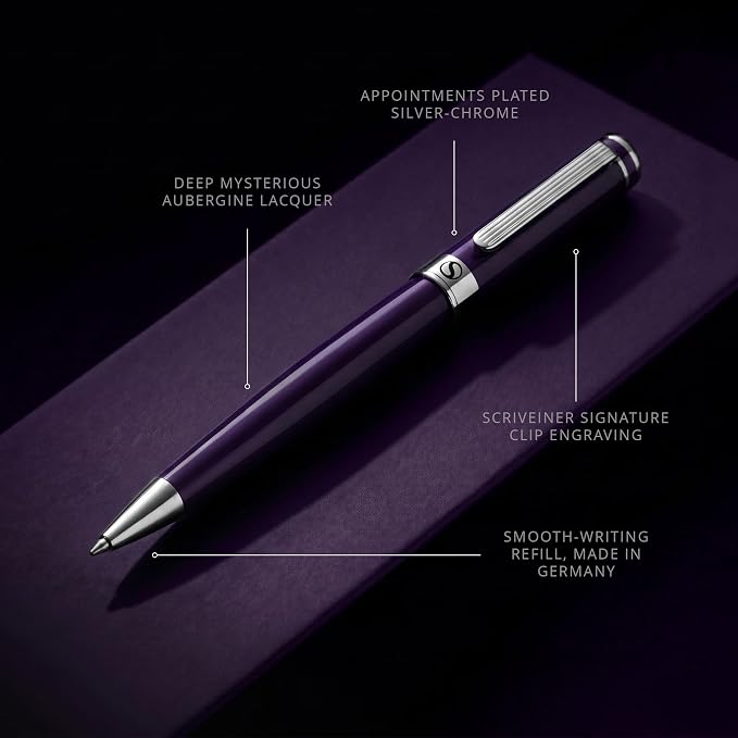 Scriveiner Aubergine Lacquer Ballpoint Pen - Stunning Luxury Pen, Schmidt Black Refill, Best Gift Set for Men & Women, Professional Executive Office, Nice Fancy Designer Pens