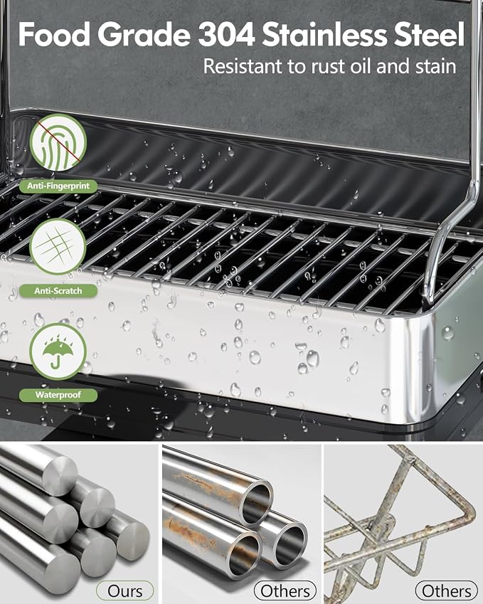 2 Tier Large Stainless Steel Dish Drying Rack with Drain Board | Space Saving, Rust Proof Metal, Automatic Drainage Drainer for Kitchen Counter, Modern Black and Silver for Pots and Pans