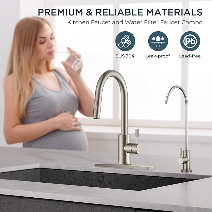 FORIOUS Kitchen Faucet and Water Filter Faucet Combo, Stainless Steel Traditional Sink Faucet with Drinking Water Faucet Fits Reverse Osmosis, Water Filtration System and Pot Filler, Brushed Nickel