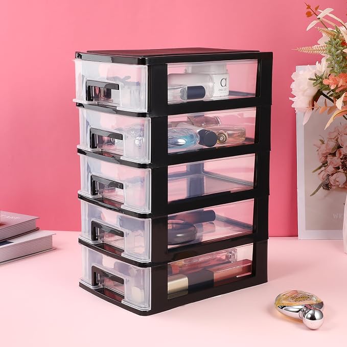 Cabilock 5 Drawer Plastic Storage Organizer Clear Desktop Drawer Storage Cabinet for Office Study Bathroom Craft Supplies
