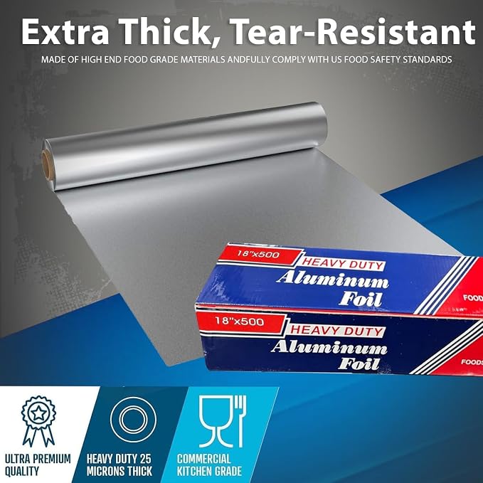 18" x 500" (4 Pack) Standard Aluminum Foil Roll - Food Service Heavy Duty Aluminum Foil Roll - Commercial Grade Disposable Foil for Food Service Industry and Home Use