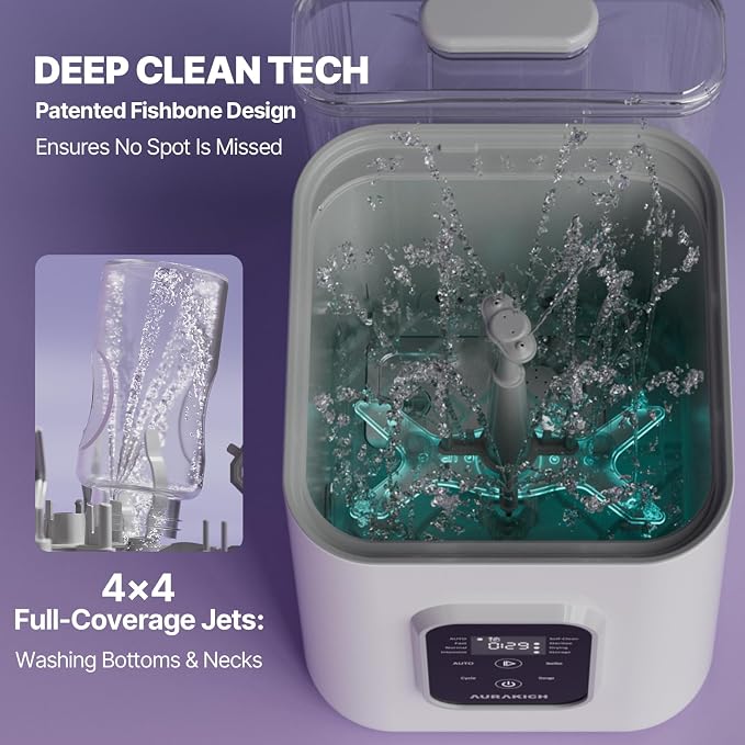 Baby Bottle Washer, Sterilizer & Dryer - All-in-One Pro Cleaning Machine with Fishbone Spray Arm, Self-Cleaning & AUTO Mode, Dual Water Inlet for Bottles, Breast Pump