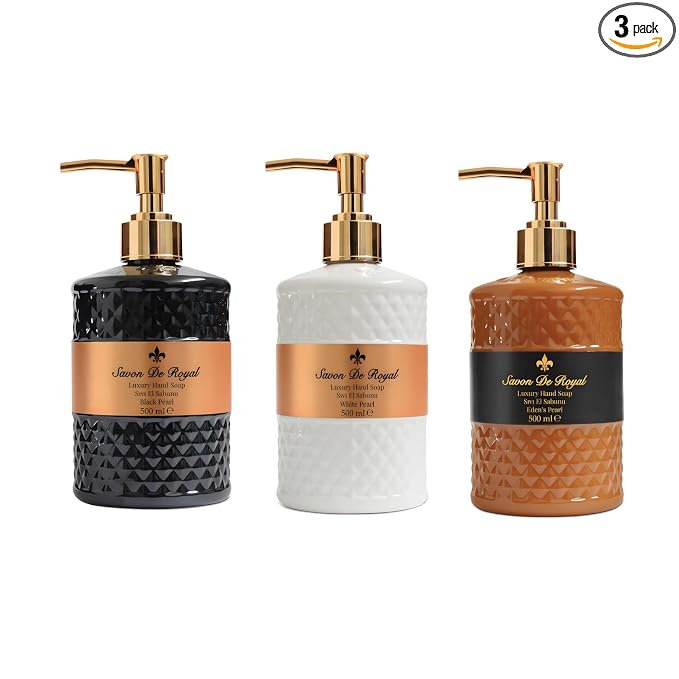 Savon De Royal Luxury Pack of 3 Liquid Hand Soap, Jasmine/Musk Vanilla/Vanilla Orange Bathroom Soap Hand Wash Refillable Bottle Gift 50.7 Fl Oz