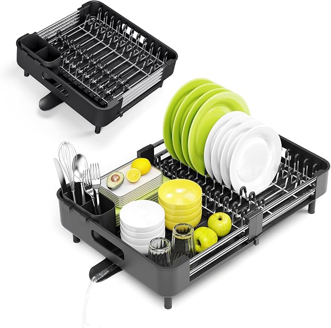 Urackify Stainless Steel Dish Drying Rack - Dish Drainer for Kitchen Counter, Extendable Drainboard with Foldable, Space-Saving Cup & Bowl Organizer, Includes Knife and Utensil Holder, Black