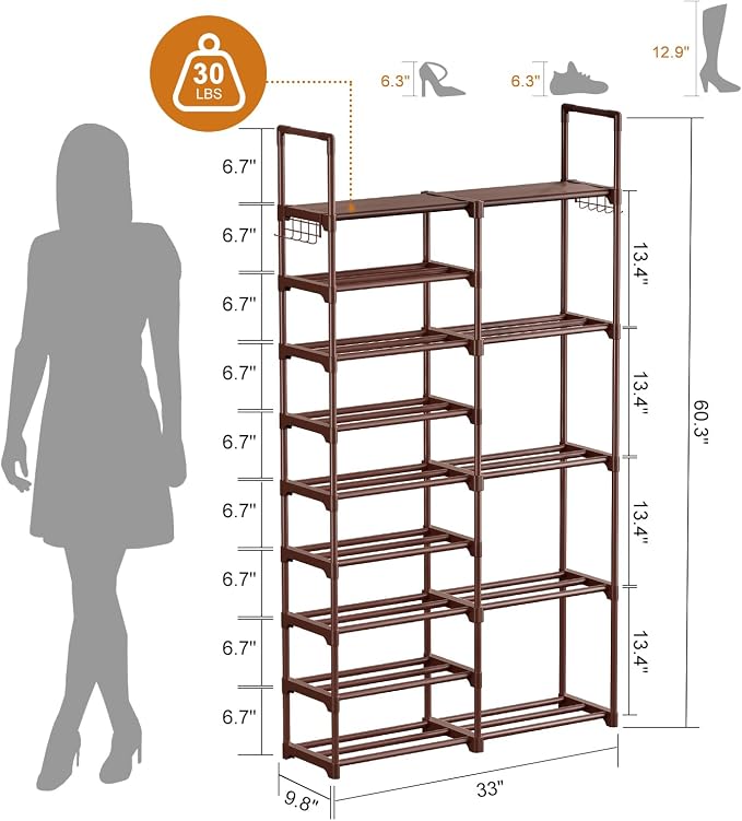 WOWLIVE 9 Tiers Large Shoe Rack Brown Shoe Rack Organizer for Closet 30-35 Pairs Stackable Heavy Duty Shoe Shelf Shoe Storage with Metal Pipes Plastic Connectors