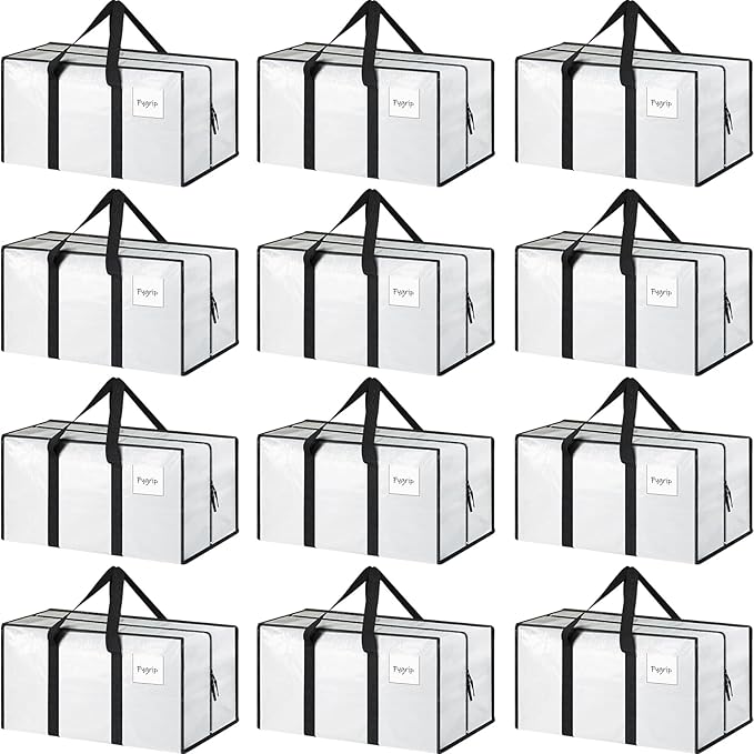 12 Pack Extra Heavy Duty Large Moving Bags with Strong Zipper, White | Comfortable Handles, Sturdy & Durable Clothes Storage Bags Totes Bins, Blue Packing Moving Boxes for College Supplies