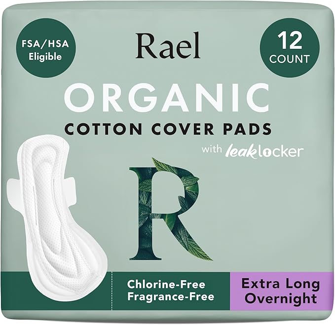 Rael Pads for Women, Organic Cotton Cover - Period Pads with Wings, Feminine Care, Sanitary Napkins, Ultimate Absorbency, Postpartum, Unscented, Ultra Thin (Extra Long Overnight, 12 Count)