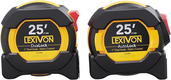 LEXIVON [2-Pack] 25Ft/7.5m Tape Measure, DuaLock & AutoLock | 1-Inch Wide Blade with Nylon Coating, Matt Finish White & Yellow Dual Sided Rule Print | Ft/Inch/Fractions/Metric (LX-204)