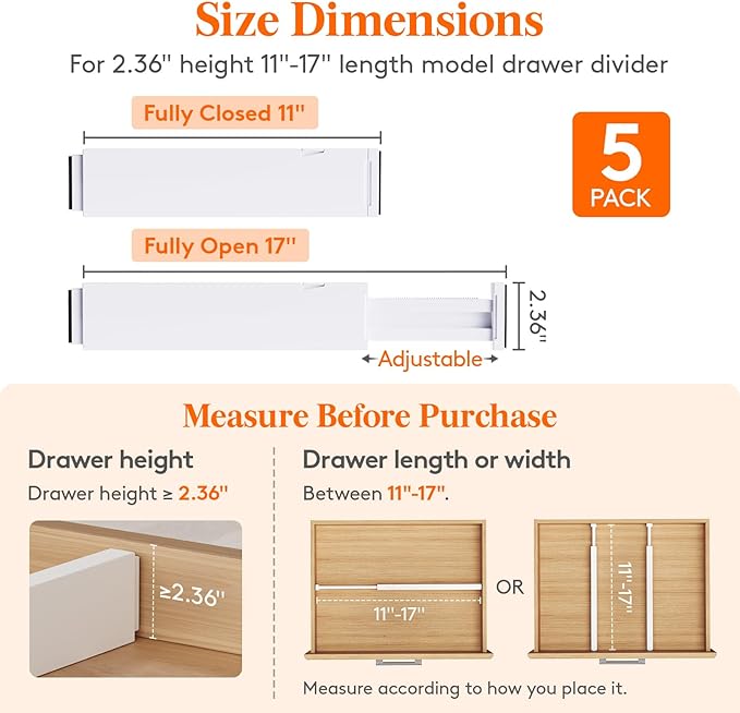 Lifewit 5 Pack 2.36" High Drawer Dividers 28-43.5cm/11-17" Adjustable Drawer Organizer for Clothes/Utensils, Expandable Drawer Separator in Dresser/Kitchen/Bedroom/Office Organization & Storage White