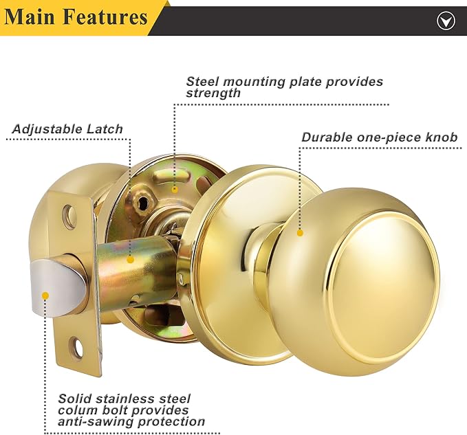 Probrico Passage Door Knobs Polished Brass Interior Hall/Closet Door Handles Keyless Locksets, 3 Pack