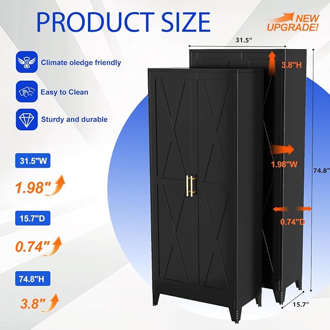 GAIOUS 74.8" Tall Kitchen Pantry Cabinet, Metal File Storage Cabinet Black | Steel Office Cabinet, Freestanding Cupboard with 2 Doors and 5 Adjustable Shelves, Bathroom Kitchen Home Garage Tool Cabinet