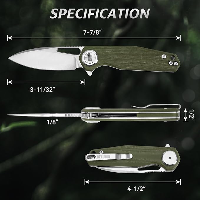 Pocket Folding Knife,3.15" D2 Steel Blade,Green G10 Handle,Push Button Lever Lock,Pocket Knife with Pocket Clip for Outdoor,Survival,EDC