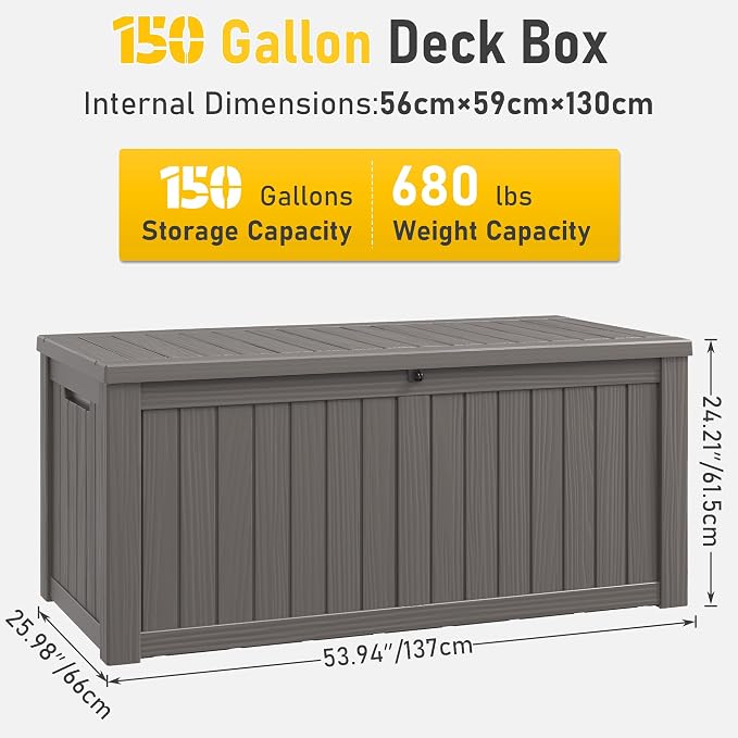 150 Gal Deck Box,Outdoor Storage Box Waterproof Lockable,Gas Lift,Grey | Large Resin Deck Box, UV-resistant all-weather, lockable storage for patio furniture, garden tools, pool accessories, black