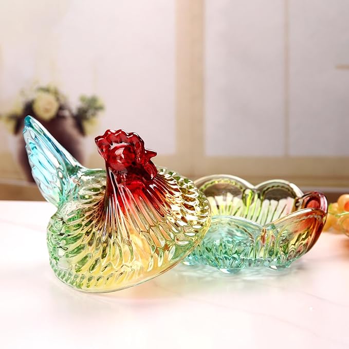 Hen-Shaped Crystal Glass Candy Dish,Pastoral Style Candy Bowl with Lid,Muti-Color Tabletop Dessert Plate Snack Bowl Egg Tray