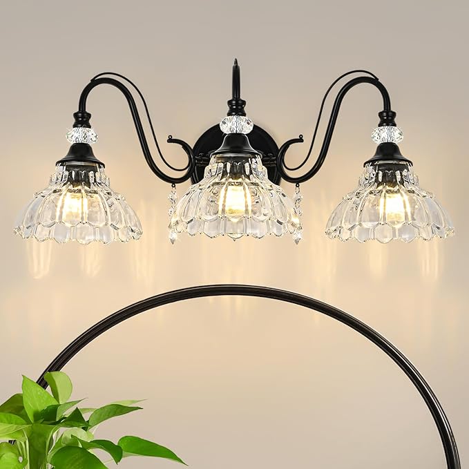 Black Bathroom Vanity Light, 3-Light Matte Black Finish Farmhouse Wall Sconce with Hanging Crystal Accents and Flower-Shaped Clear Glass Shades, Retro Wall Mount Vanity Light Over Mirror for Bathroom