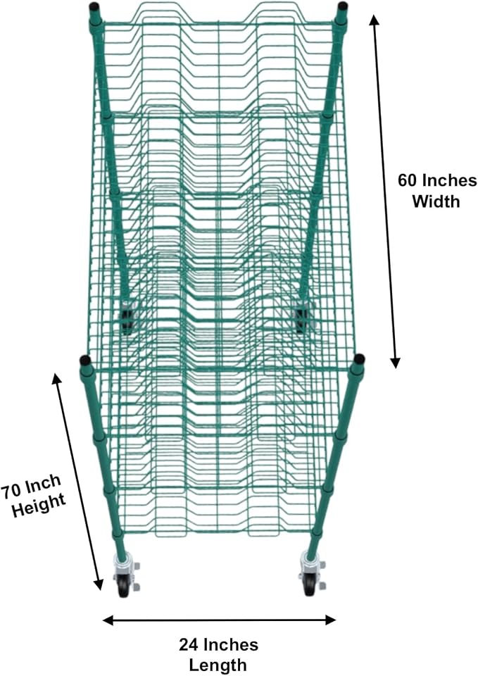 PRO&Family Green Epoxy 4-Tier Commercial Drying Rack with Casters – Heavy Duty Wire Shelving for Dish Drying, Kitchen Storage & Food Service Use (24" x 60" Mobile, 1 1/4" Slots)