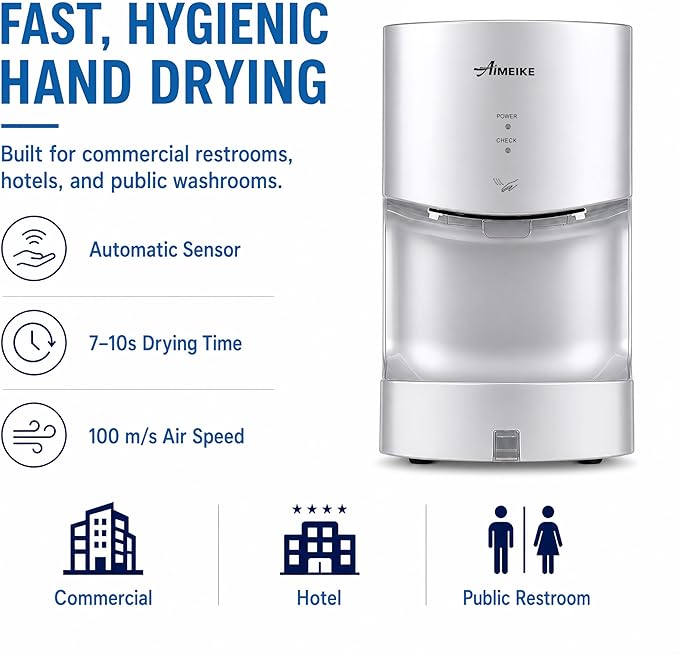 Automatic Commercial Wall Mounted Hand Dryer with Drip Tray, Compact High Speed 110V 1300W, Adjustable Hot & Cold Air, Low Noise for Bathroom & High-Traffic Restrooms, Silver