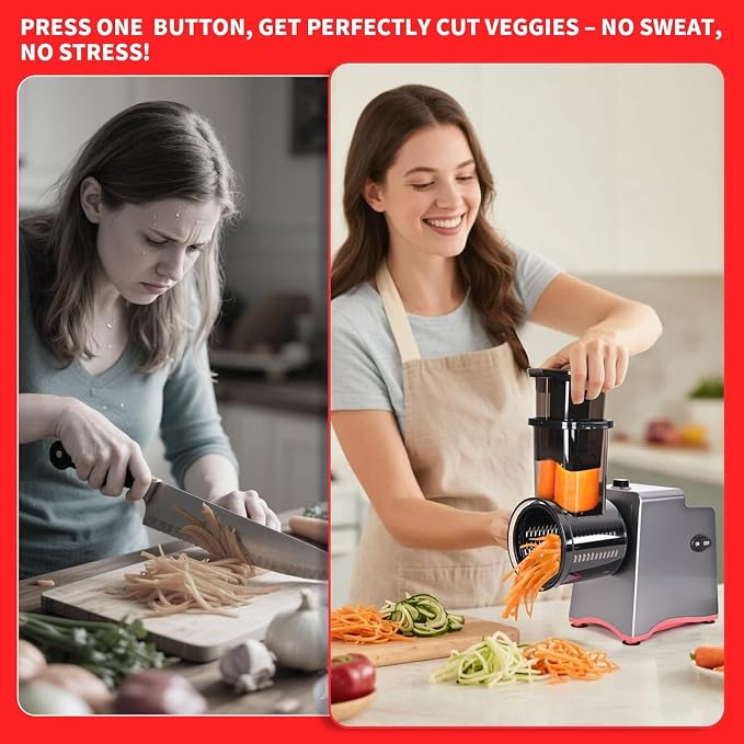 Electric Cheese Grater 250W, 7-in-1 Salad Maker & Vegetable Slicer Shredder with Widened Feeding Port for Block Cheese, Carrots, Potatoes & Fruits, Professional Food Grating Machine