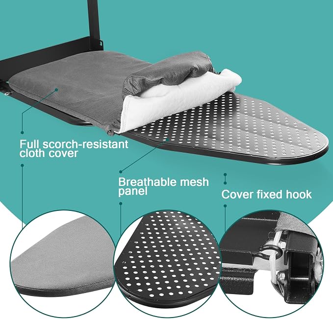 Seiritex Over the Door Ironing Board 13x36 inches with Iron Holder and Pocket Storage Bag, Hanging Iron Board for Home Laundry Room, Black