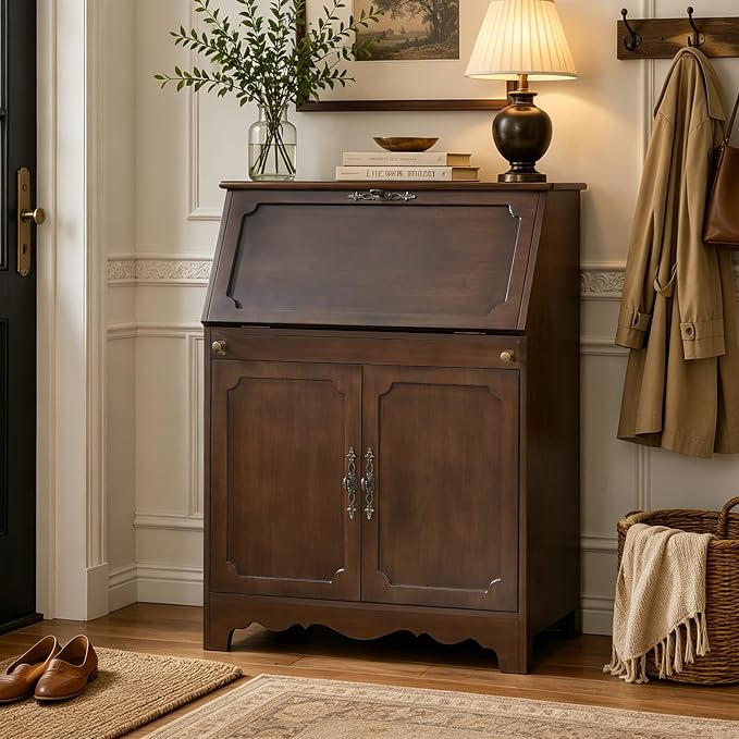 Ahokua Vintage Storage Cabinet with Flip Down Desk, Wood Accent Cabinet with Adjustable Shelf and Hidden Workspace, Entryway Cabinet with Doors for Living Room, Home Office, Walnut