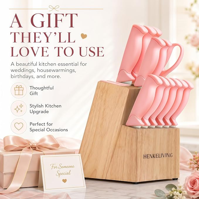 14-Piece Peach Pink Knife Block Set with Built-In Sharpener | German high-carbon stainless steel blades, dishwasher safe, ultra-sharp edges, ergonomic non-slip handles