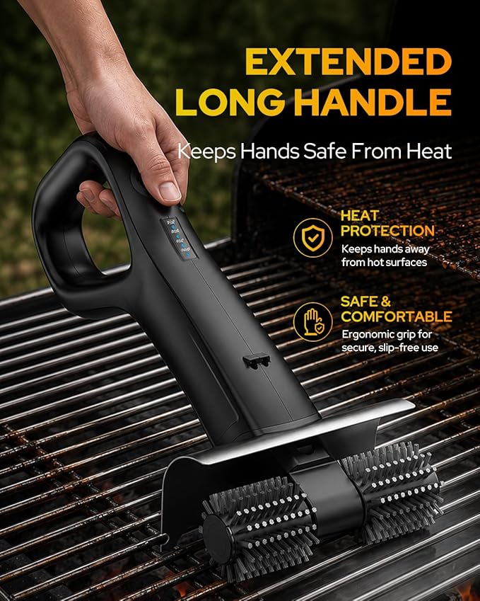 2026 Electric Grill Brush with 2 Brush Heads, 800RPM 25kgf High Torque BBQ Cleaner, 3500mAh Battery, 180 Mins Long Runtime, Extended Handle, Works as Grill Scraper for Tough Grease