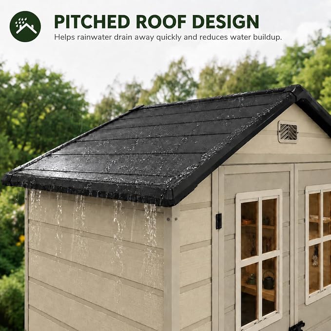 DWVO 6x4.4 FT Outdoor Storage Shed, Plastic Garden Tool Shed with 2 Windows, Double-Wall Resin Storage Shed for Lawn Mower, Garden Shed for Backyard Patio, Lockable, Greige&Gray