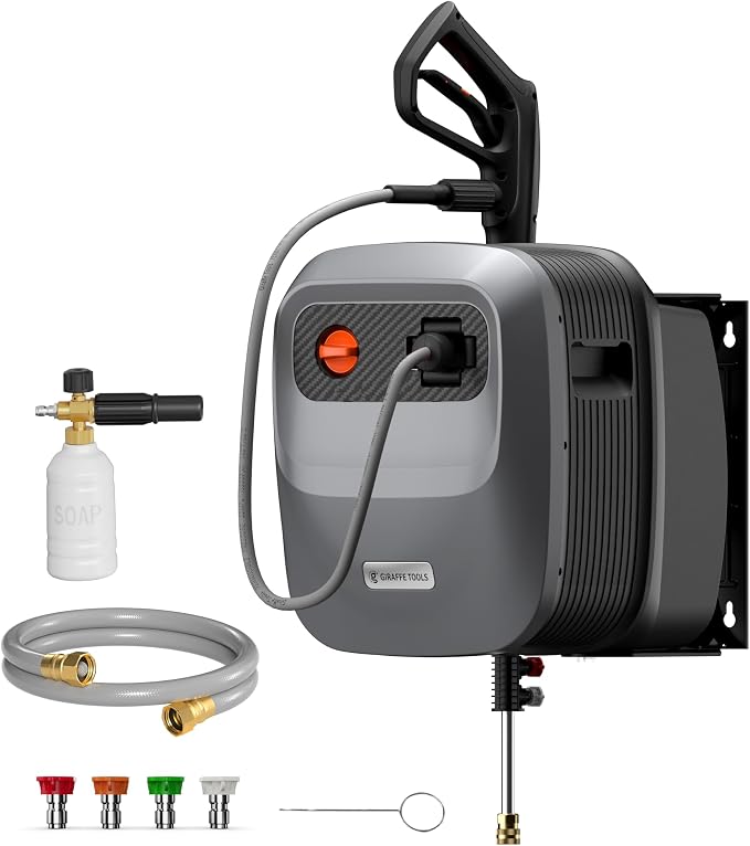 Giraffe Tools 65 FT Retractable Wall Mounted Pressure Washer G20, 2500 PSI | 2.2 GPM, Automatic Rewind with 180° Swivel Bracket, 5 Nozzles, Foam Cannon for Car, Fences and Patio Cleaning, Dark Silver