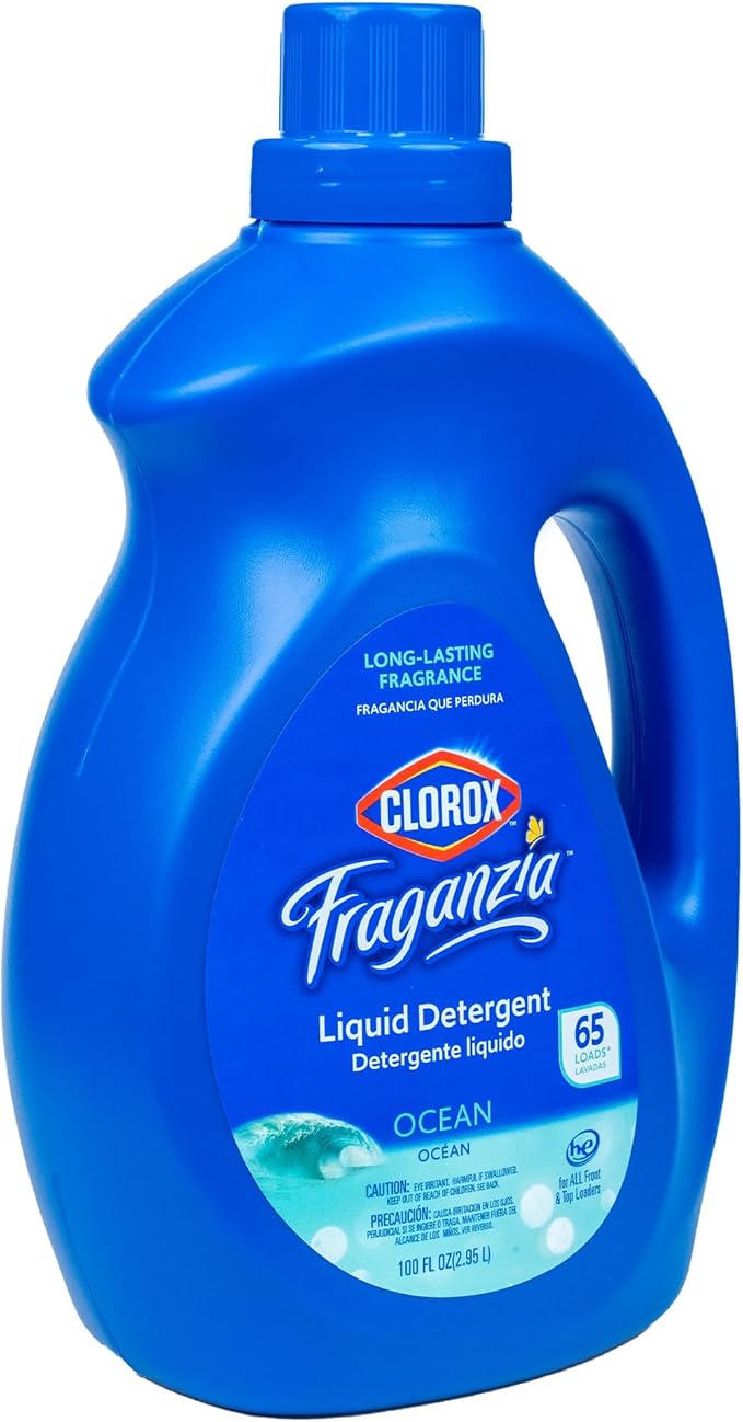 Clorox Fraganzia Liquid Laundry Detergent, Ocean Scent - High Efficiency Formula for All Front and Top Load Washing Machines, Long-Lasting Crisp Fragrance, 65 Loads per Bottle, 100 Fl Oz