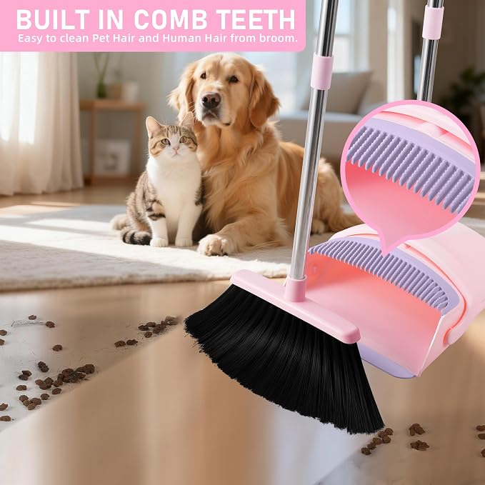 BSKLIN Broom and Dustpan Set, 52” Long Adjustable Handle Broom with Dustpan Combo Set with Dust Pan Teeth to Clean Hair for Home Lobby Office Kitchen (Small-Pink-Purple)