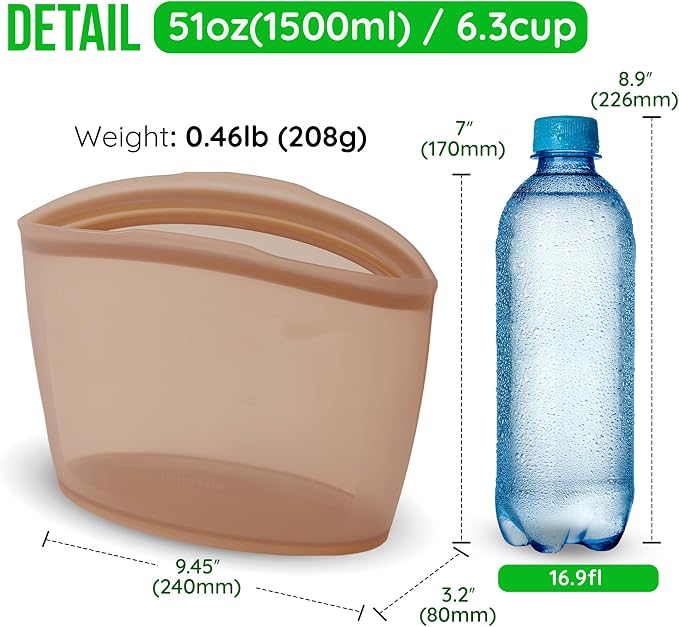 Reusable Silicone Food Storage Bag, 6 Cups, Large Container, Made in Korea BPA-Free Platinum Silicone, Triple-Airtight Freezer Bag, Microwave Safe, Sous Vide, Meal Prep, 51oz, Taupe Brown