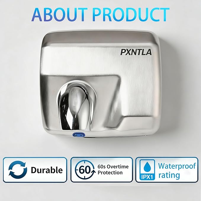 Stainless Steel Hand Dryer, 16 Seconds Fast Dry Hands, 100-130V, 180° Rotatable Air Nozzle, Hand Dryer for Home Bathroom, IPX1 Waterproof & 60s Overheat Protection