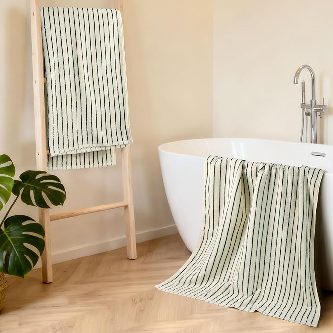 Jacquotha Green Striped Bath Towels Set of 2 | Lighter & Quick Dry Towels Large 27.5 x 55 inches, Farmhouse for Bathroom Decor, Shower, Pool Days