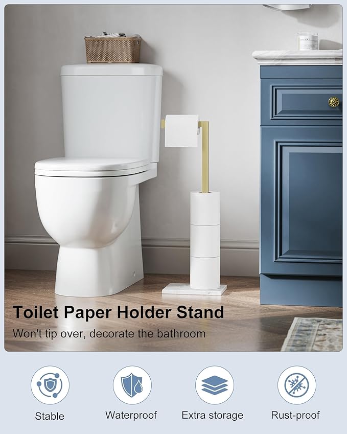 Toilet Paper Holder Stand Brushed Gold SUS 304 Stainless Steel Rustproof Free Standing 22 Inch Rotating Bathroom Tissue Roll Holder for 4 Rolls with Marble Base by HOMEMYSTIQUE